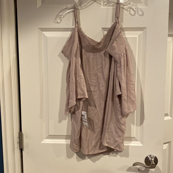 Tan with gold sparkles, short sleeves off the shoulders blouse - Picture 4 of 7